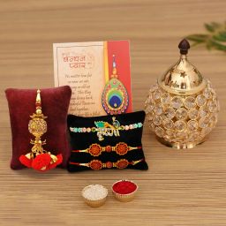 Bhaiya Bhabhi Rakhi Gift Set Rakhi for Brother Bhabhi Bhaiya-Akhand Diya,Lumba,Rudrakh Kundan Rakhi, Diya, Greeting Card Set-image-34