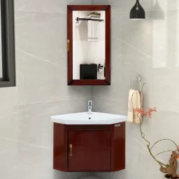 Wall Mount Vanity Cabinet with Washbasin and Mirror/Corner Basin Waste Coupling/Cabinet for Bathroom Organizer - (461, Brown) Wall Hung Basin-18