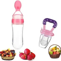 Combo of Fruit Nibbler Pacifier and Silicone Squeeze Feeding Spoon Bottle- Silicone-18