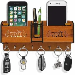 Radhe Wooden Mobile & Key Holder for Wall | 8 Hooks | Home Organizer Wood Key Holder-image-15