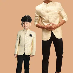 VASTRAMAY Self Design Mandarin Collar Slim-Fit Silk Bandhgala Blazer-image-79