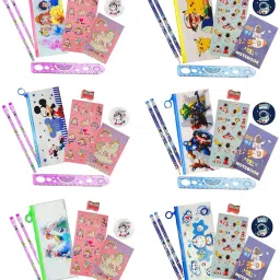 Party Favor Return Gift in Bulk for Kids Navratri Gift Set of 6 Pouch Stationery Each Pack Include Pouch Notepad/Pencil/Sharpener/Scale/Sticker Best Return Gift Art Plastic Pencil Box-7