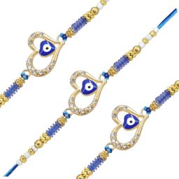 Bracelet Heart Shape Evil Eye Designer-03 Gold Finish Rakhi, Chawal Roli Pack, Greeting Card Set-20