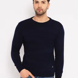 Men Self Design Round Neck Dark Blue Sweater-image-24