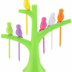 Bird Plastic Fruit Fork Pack with Stand, 6-Pieces (Multicolour) Disposable Plastic Salad Fork, Dessert Fork, Baby Fork-17