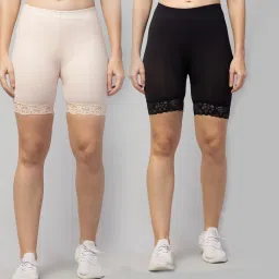 Pack of 2 Self Design Women Beige, Black Basic Shorts-image-49