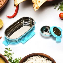 Oval Stainless Steel Lunch Box Set (650ml + 100ml, Blue, 2 Pc) 2 Containers Lunch Box-26
