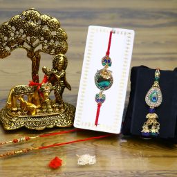 Bhaiya Bhabhi Bhaiya Bhabhi Rakhi Combo Gift Set Assorted, Gold Finish, Kundan, Mauli Thread, Pearl, Zardosi Rakhi, Chawal Roli Pack, Showpiece Set-5