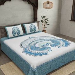 Blue Traditional 180 TC Cotton Queen Sized Bed Sheets with 2 Pillow Covers by Jaipur Fabric-picture-42