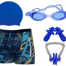 Swimming kit For Men With Swimming Costume For Men Cap Goggles Ear Plug Printed Men Trunk Blue Swimsuit-image-66