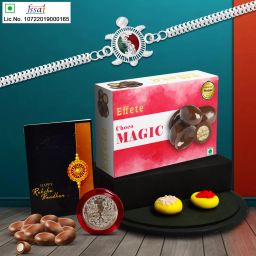 Designer Rakhi Combo for Brother with Chocolate Magic(32-GM)Rakhi Gift | Y23K1_A5_CM32 Assorted Rakhi, Chawal Roli Pack, Greeting Card, Coins, Chawal Roli Pack, Greeting Card, Coins Set-23