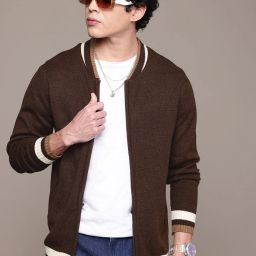 Men Solid Round Neck Brown Sweater-image-3