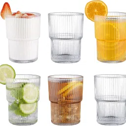 (Pack of 2) Ribbed Heat Resistant Drinking Glasses Cup with Vertical Stripes Pattern for Glass Set Whisky Glass-7