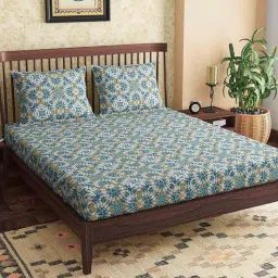 Teal Abstract 300 TC 100% Cotton Queen Sized Bed Sheets with 2 Pillow Covers by Petal Home-picture-2