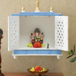 india home wood Blue Sheesham Wood Wall Mounted Mandir With Door-picture-12