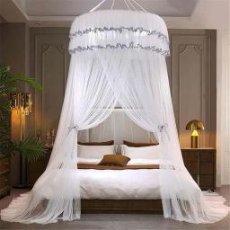 Polyester Infants Washable White Lace Mosquito Net Canopy for Double Bed Dreamy Romantic Ceiling Hanging Mosquito Net-0