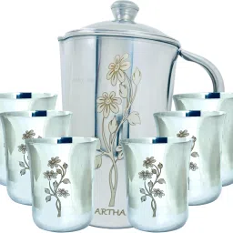 ARTHA Jug Glass Set - Stainless Steel Laser Printed Jug With 6 Pcs Of Glass Mirror Polished And Laser Printed, 2 Ltr Jug And 500 ML Glass Capacity Jug Glass Set-image-65