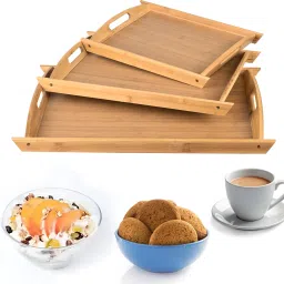 Set of 3 Multipurpose Bamboo Wooden Serving Trays with Handles | CX-14 | Browm Tray-picture-0