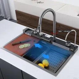 Kitchen Sink with 5-Piano Switch (30x18x9 Inch) with Waterfall and Pull-down And Accessories 304 Grade Steel Sink with LED Digital Display & RO Tap -Nano Coating Vessel Sink-21