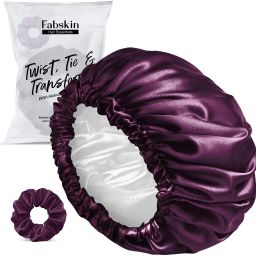Luxury Satin Silk Hair Bonnet Cap for Sleeping with Satin Scrunchie - Wine-18