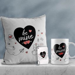 ecraftindia Valentine Combo of Colorful Be Mine Abstract Hearts Print Cushion & Mug With Keychain Gift Set-picture-14