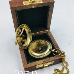 ascent india Brass mini sundial compass chain wood box push button compass Compass image 2