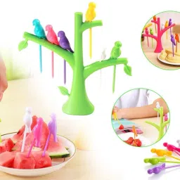 niloro Bird Fork Set Tree Shape Holder Rack for Dining Table with 6 Bird Shape Fork Disposable Plastic Fruit Fork Set image 4