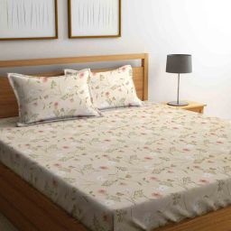 hosta homes Cream Floral 280 TC Cotton Blend King Sized Bed Sheets with 2 Pillow Covers-picture-49