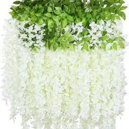 Artificial Wisteria Hanging Silk Vine Ratta Home Party Wedding Decor (White, 6) Clear Westeria Artificial Flower-image-53
