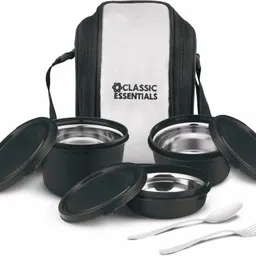classic essentials Supreme Stainless Steel Lunch Box Set with Cutlery & Bag | Microwave Safe 3 Containers Lunch Box-picture-18