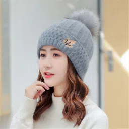 Women's stylish winter woolen cap soft warm fur inside pom-pom on top for girls Woven Beanie-picture-25