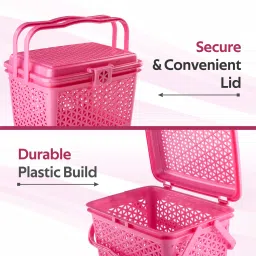 heart home Plastic Pack of 3 Multipurpose Small Storage Box with Lid & Handle | Barbie Pink Storage Basket image 4