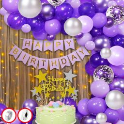 Solid Happy Birthday Decoration kit Combo - 45 Pcs with Led Light and Net Curtain & Balloon-17