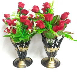 Rose Lilies Flower with iron vase COMBO Red Rose Artificial Flowerwith Pot-24