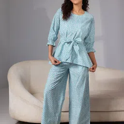 Libas Floral Geometric Printed Pure Cotton Bell Sleeves Tie Up Night Suit-43