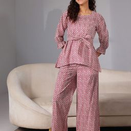 Libas Geometric Printed Pure Cotton Bell Sleeves Tie Up Night Suit-image-28
