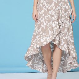 Women Floral Print Flared Beige Skirt-image-2