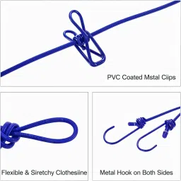 kaksham Elastic Cloth Drying Rope with 12 Non-Slip Clips & Dual-Sided Steel Hooks Cast Iron Clothesline image 3