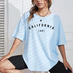 Women Printed Round Neck Pure Cotton Light Blue T-Shirt-image-48