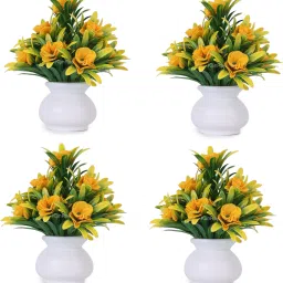 Artificial Rose Flower Set of 4 Roses with pot (Natural Looking) Yellow Wild Flower Artificial Flowerwith Pot-image-46