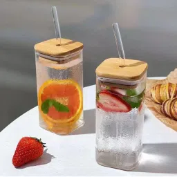 Jars with Glass Straws and Airtight Wooden Lids Glass Set Water/Juice Glass-image-46