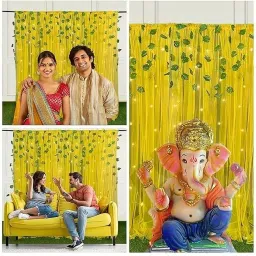 fun and flex Yellow net Curtain Cloth Backdrop Combo with Green Leaves for Wall Decorations image 3