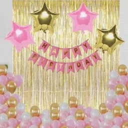 Solid Birthday Decoration Kit for Girls - 37Pcs Pink, White Golden Metallic Birthday balloons for Girls Decoration, Golden Foil Curtain, Pink Happy Birthday Banner/Birthday Decoration Combo Set Balloon-image-15
