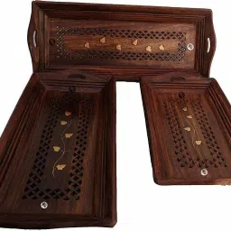 Wooden Coffee Hand Carved Tray Set of 3/Big,Medium,Small 15 X 6,14 X 6,12X6 Tray-image-74