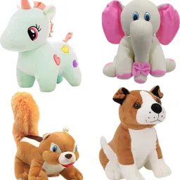 Cute and lovely soft toy set of 4 for kids (Brown bull dog ,Squirrel ,C-Green Unicorn, Cream Sitting elephant) /soft toys for kids, birthday and other special occasions.- 26 cm-0