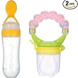 Silicone Baby Food Feeding Bottle with Spoon & fruit feeder with rattle- Silicon, Plastic-image-10