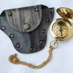 Brass Push Button pocket compass chain with Leather cover Compass-image-94