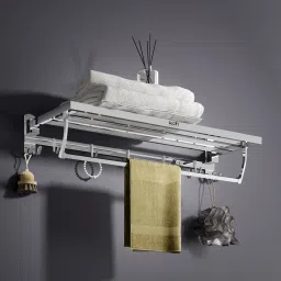 Space-Saving Foldable Towel Rack | Wall-Mounted Bathroom Organizer with Hooks 24 inch 1 Bar Towel Rod-image-28