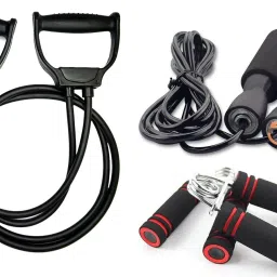 Gym Combo of Double Toning Tube with Skipping Rope and 2 Foam Hand Gripper Fitness Accessory Kit Kit-image-57