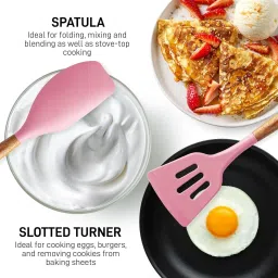 zeqon Pink Color Utensils Set Non-Stick Silicone Cooking Set with Wood Handles Non-Stick Spatula image 2